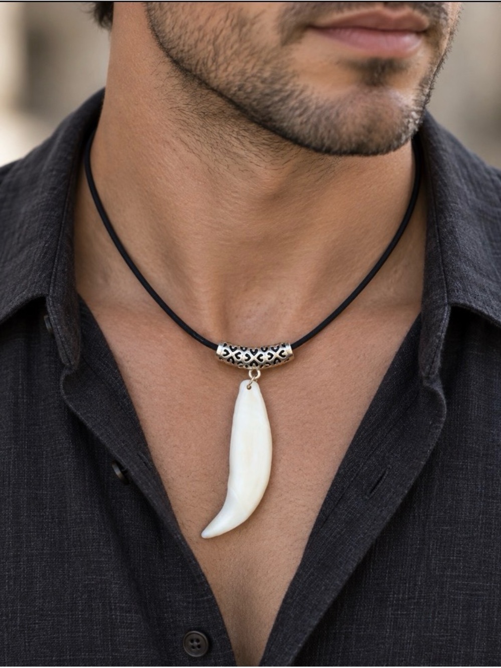 Men's Black Cord Necklace with bear teeth Pendant